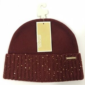 Michael Kors NWT Burgundy Sequin Ribbed Cuff Hat